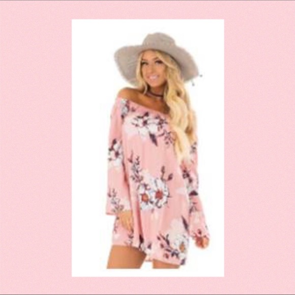 Blush Floral Off Shoulder Dress W/Tie Detail (L) - Picture 2 of 9